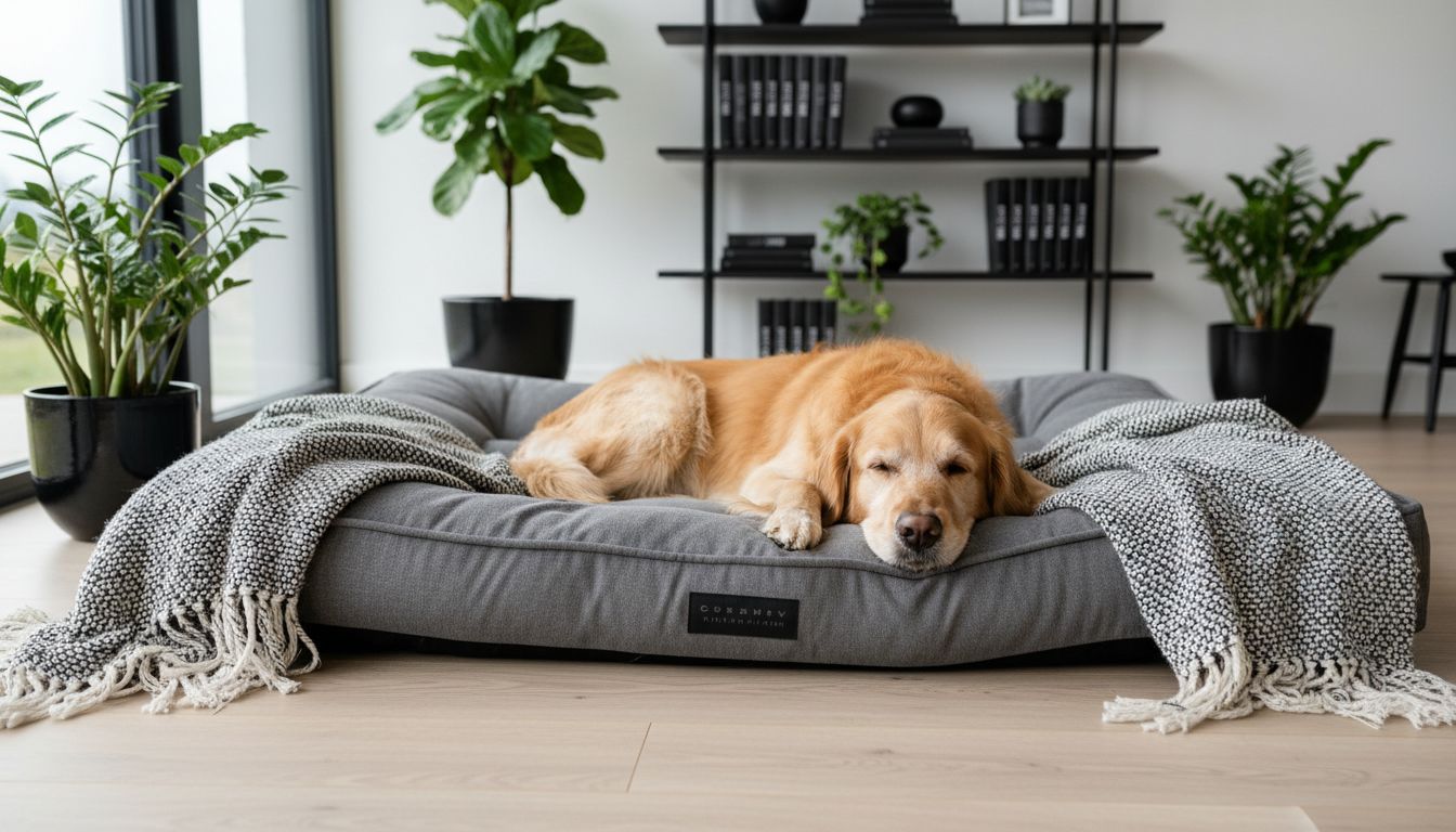 Glad hund ligger i blød hundeseng