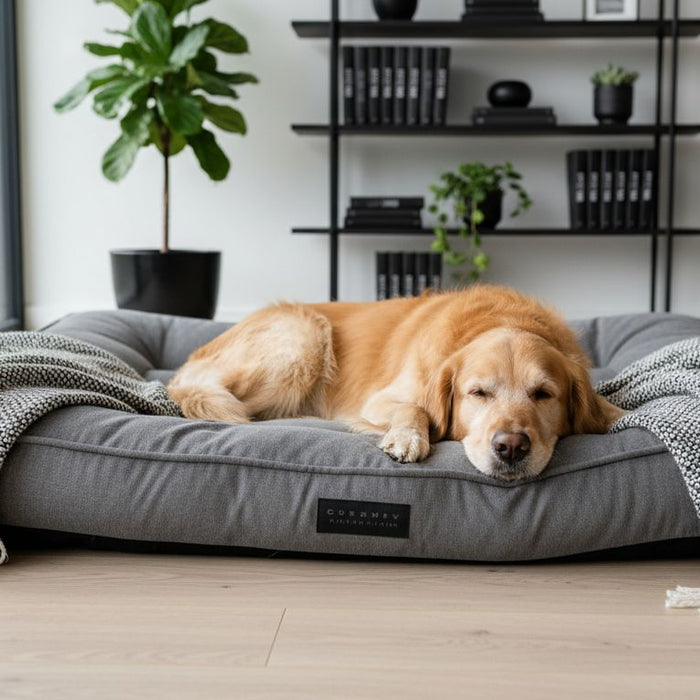 Glad hund ligger i blød hundeseng