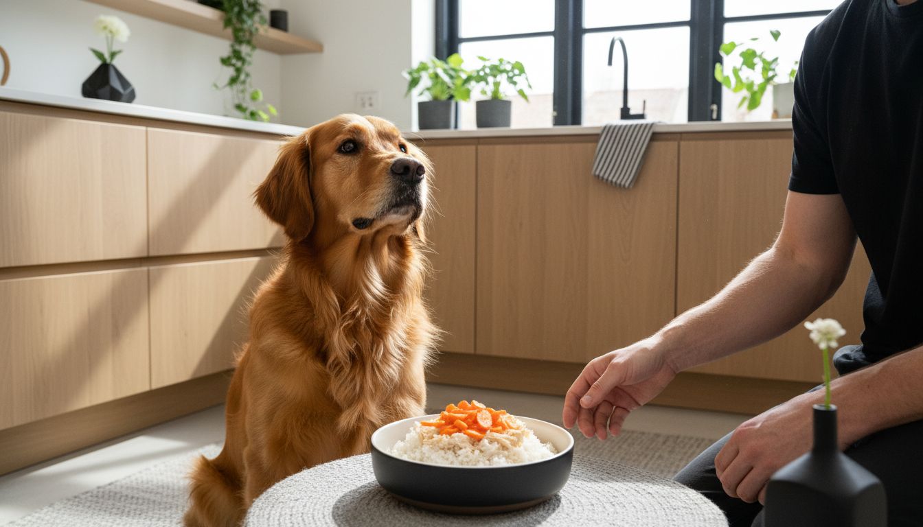 Dog with bowl of healthy skånekost meal