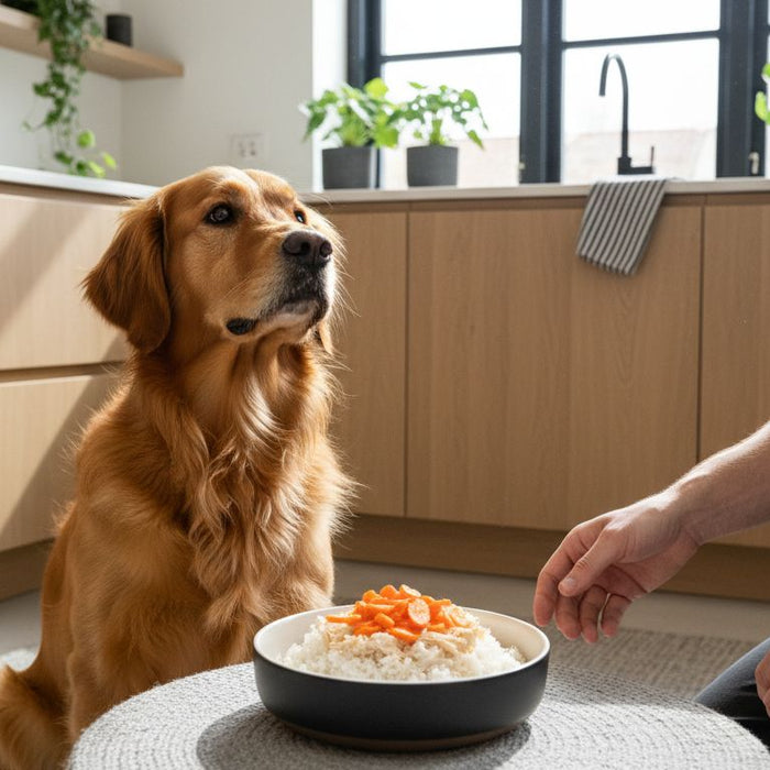 Dog with bowl of healthy skånekost meal