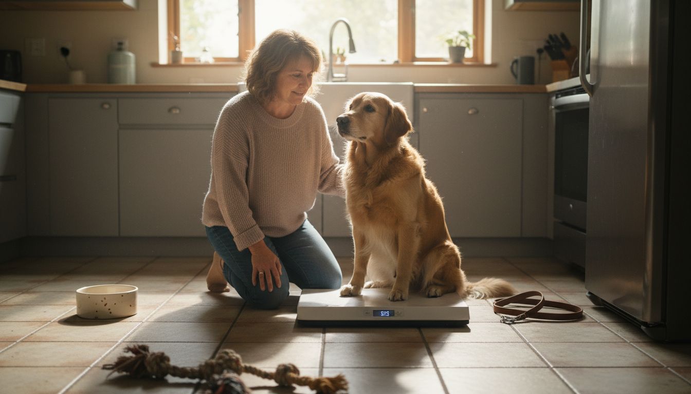 Owner weighs golden retriever at home