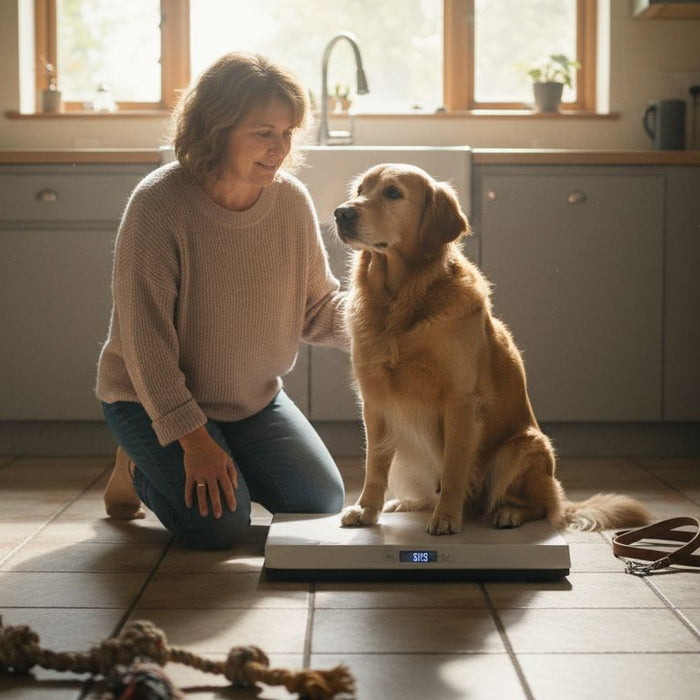 Owner weighs golden retriever at home