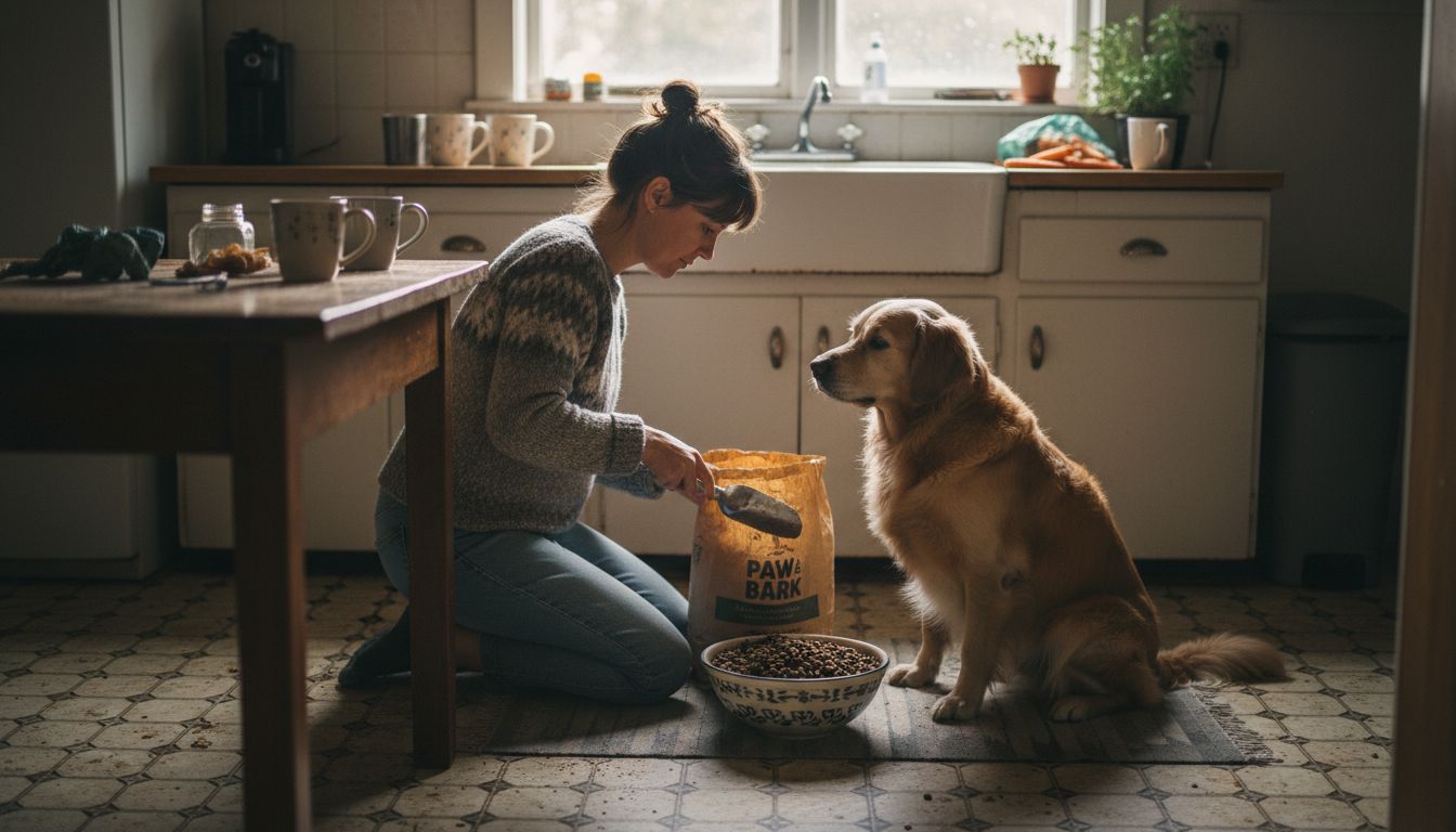 Woman feeding dog sustainably in home kitchen