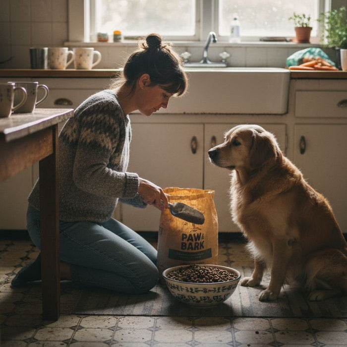 Woman feeding dog sustainably in home kitchen