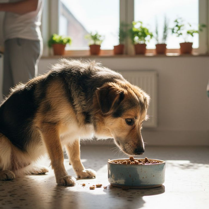 Dog eating plant-based food in kitchen
