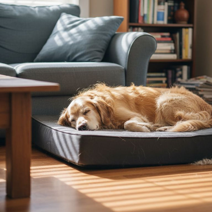 Golden retriever sleeping on ergonomic bed