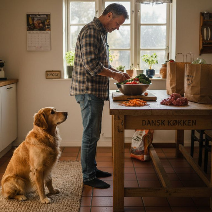Hund kigger spændt på, mens ejeren gør råfoder klar