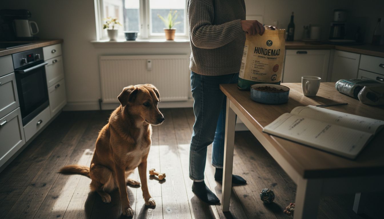 En hund står sammen med sin ejer ved madskålen i køkkenet.