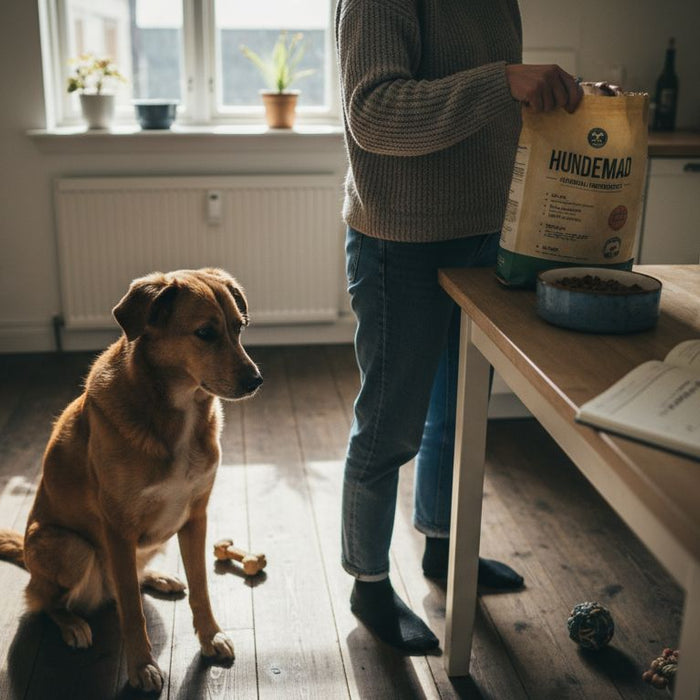 En hund står sammen med sin ejer ved madskålen i køkkenet.