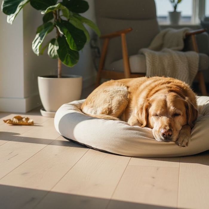 En labrador ligger og slapper af på sin bløde hundeseng midt i stuen.