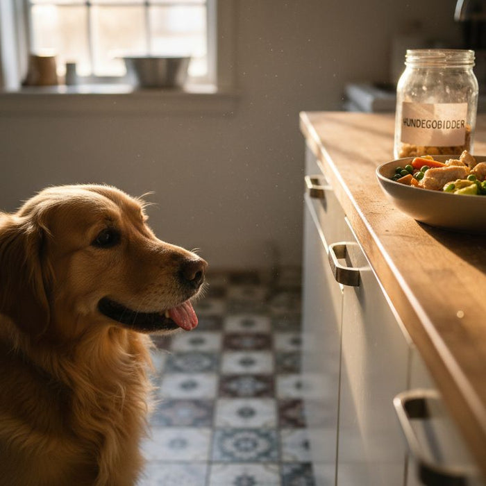 Hunden står spændt og venter på sin hjemmelavede, naturlige mad