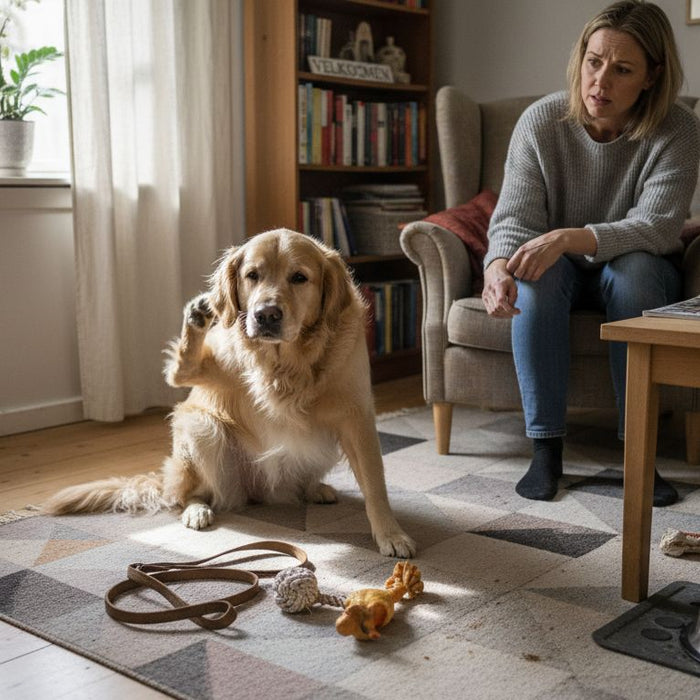 En hund ligger og klør sig, mens ejeren sidder og holder øje med den i stuen.
