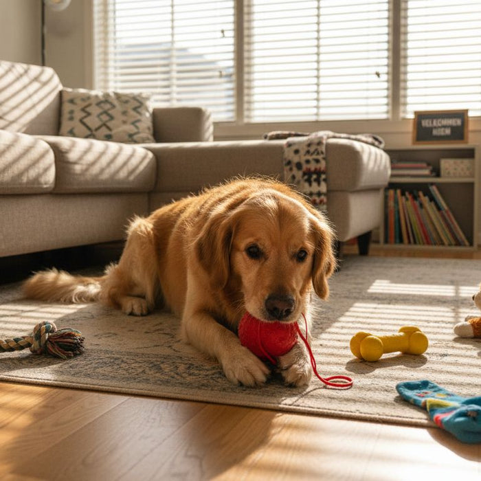 Hund tygger på sit legetøj midt i en bunke spredte hundelegeting