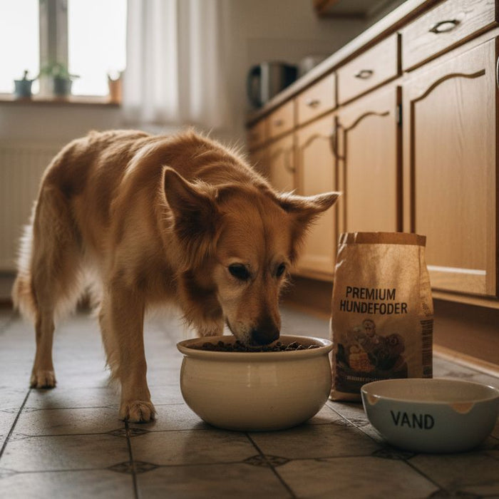 En glad golden retriever nyder sin mad i det solfyldte køkken.