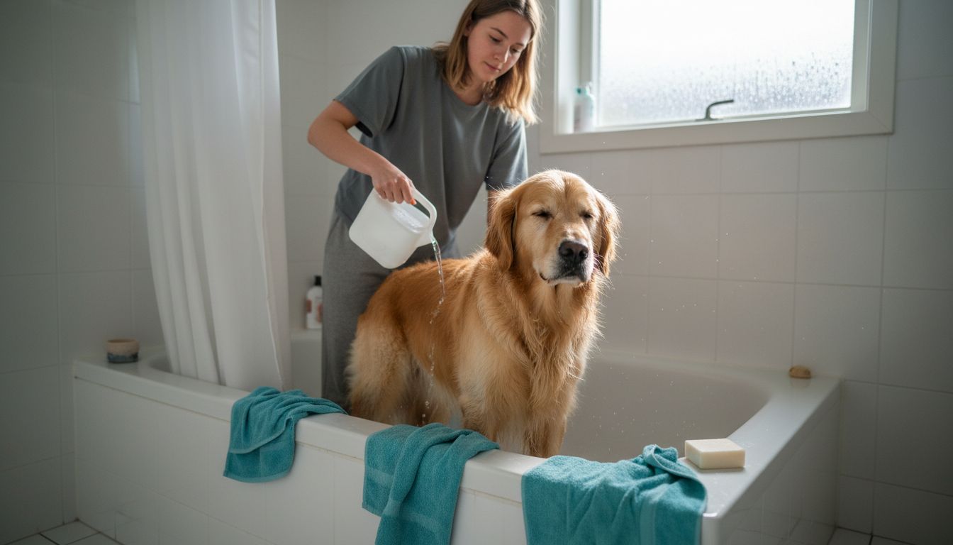 En kvinde giver sin hund et bad på badeværelset.