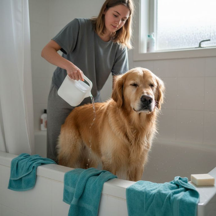 En kvinde giver sin hund et bad på badeværelset.