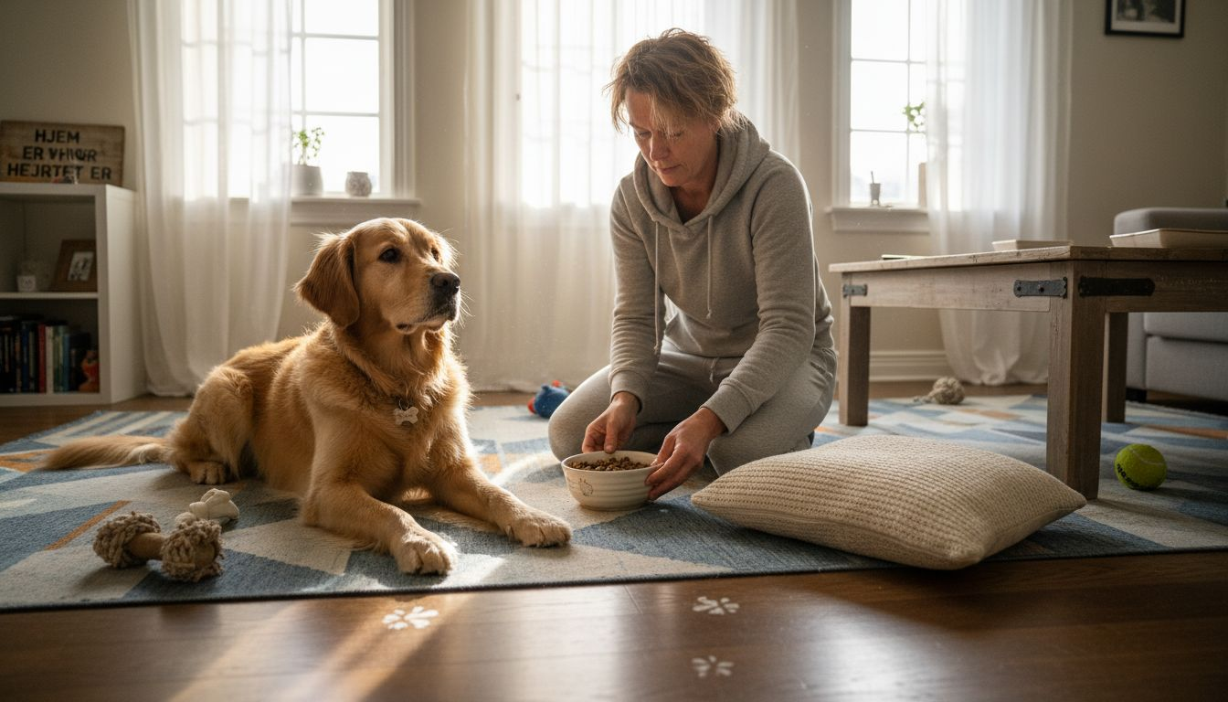 En golden retriever ligger og slapper af i solstrålerne i stuen.