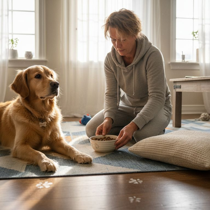 En golden retriever ligger og slapper af i solstrålerne i stuen.