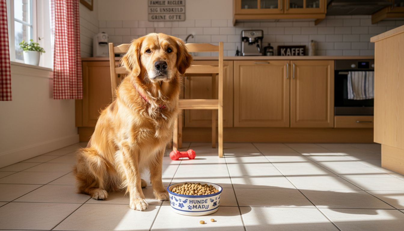Hunden snuser nysgerrigt til tørfoderet på køkkengulvet under det skarpe lys.