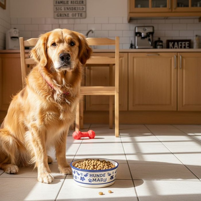 Hunden snuser nysgerrigt til tørfoderet på køkkengulvet under det skarpe lys.