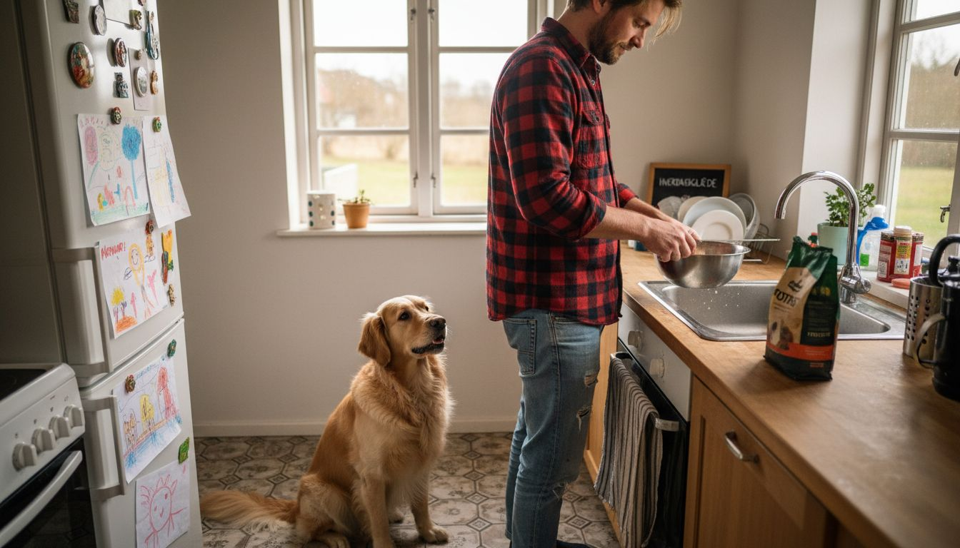 En hund sidder tålmodigt i køkkenet sammen med sin ejer og venter spændt på, at maden bliver serveret.