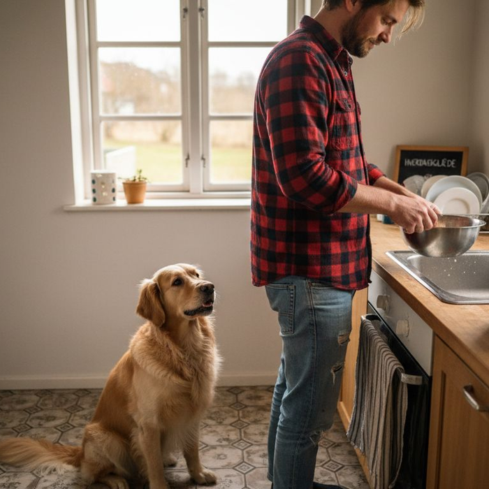 En hund sidder tålmodigt i køkkenet sammen med sin ejer og venter spændt på, at maden bliver serveret.