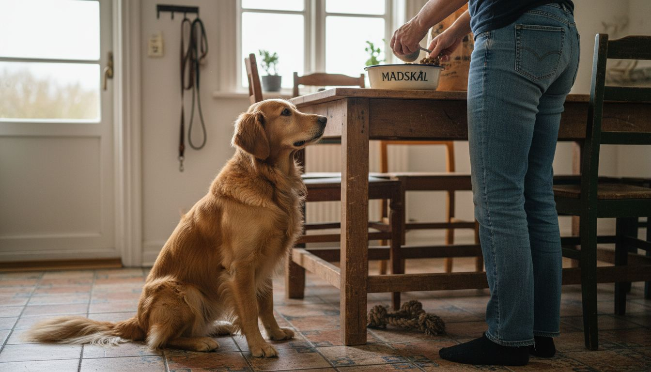 En hund sidder tålmodigt og venter på sin mad i det hyggelige køkken.