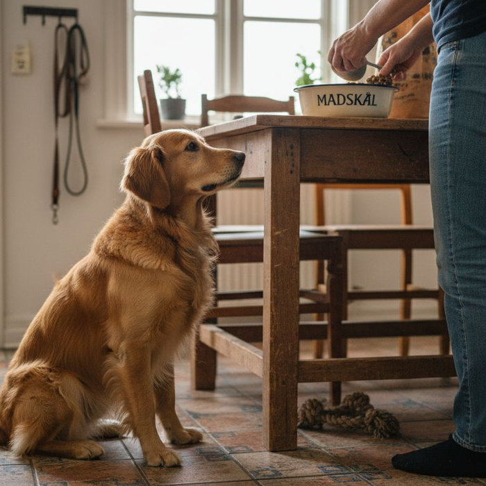 En hund sidder tålmodigt og venter på sin mad i det hyggelige køkken.