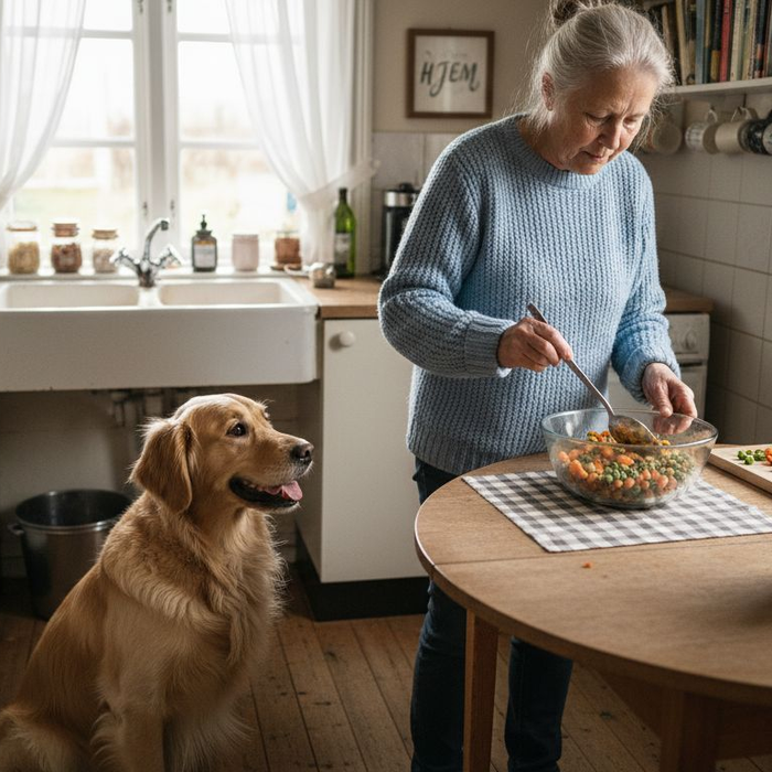 Hund venter spændt på hjemmelavet, balanceret mad