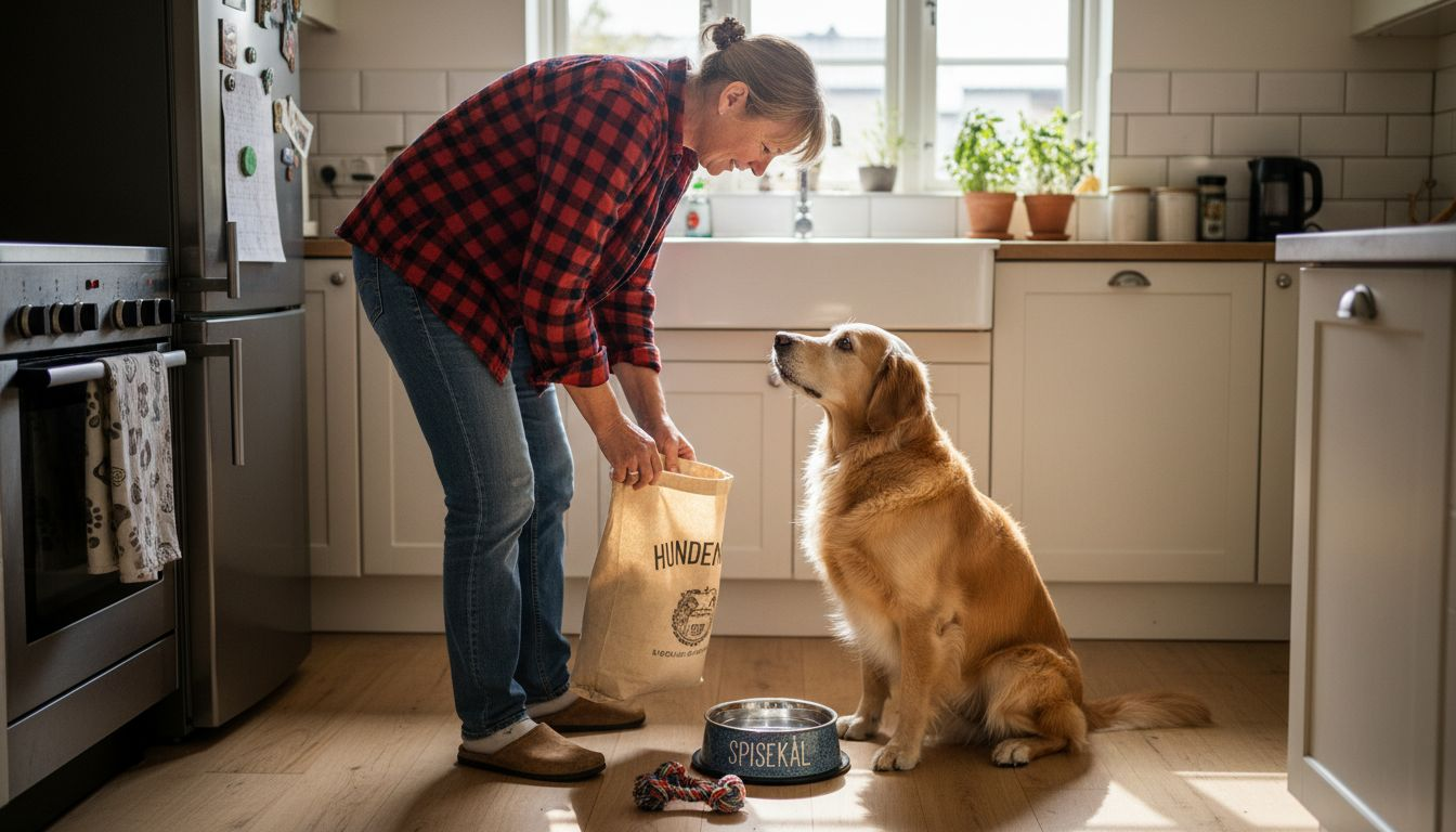 Hund og ejer i gang med at lave et sundt og afbalanceret måltid til hunden