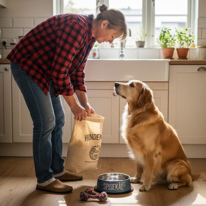 Hund og ejer i gang med at lave et sundt og afbalanceret måltid til hunden