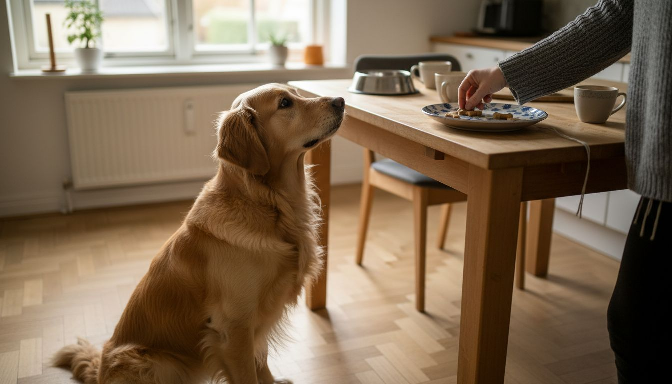 Hunden sidder tålmodigt i køkkenet og håber på at få nogle glutenfri godbidder.