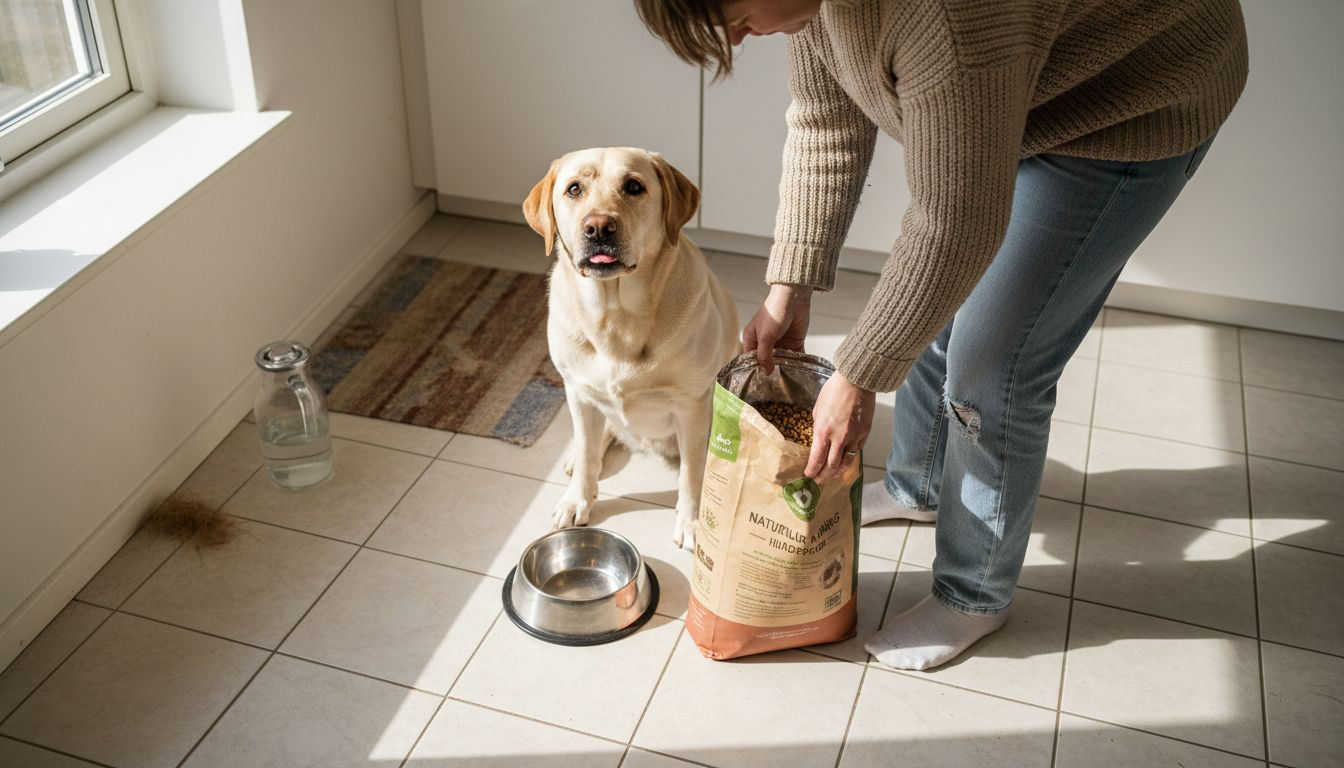 Hund får foderskål i solfyldt køkken