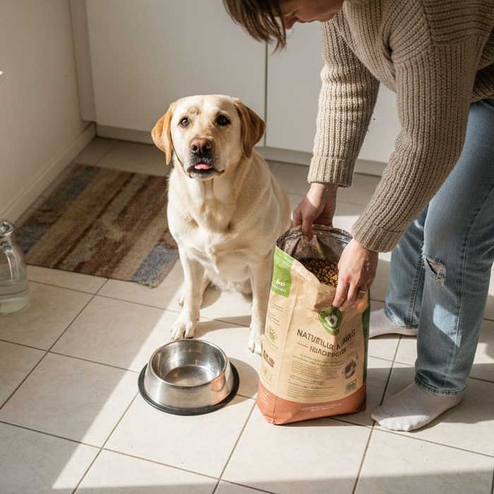 Hund får foderskål i solfyldt køkken