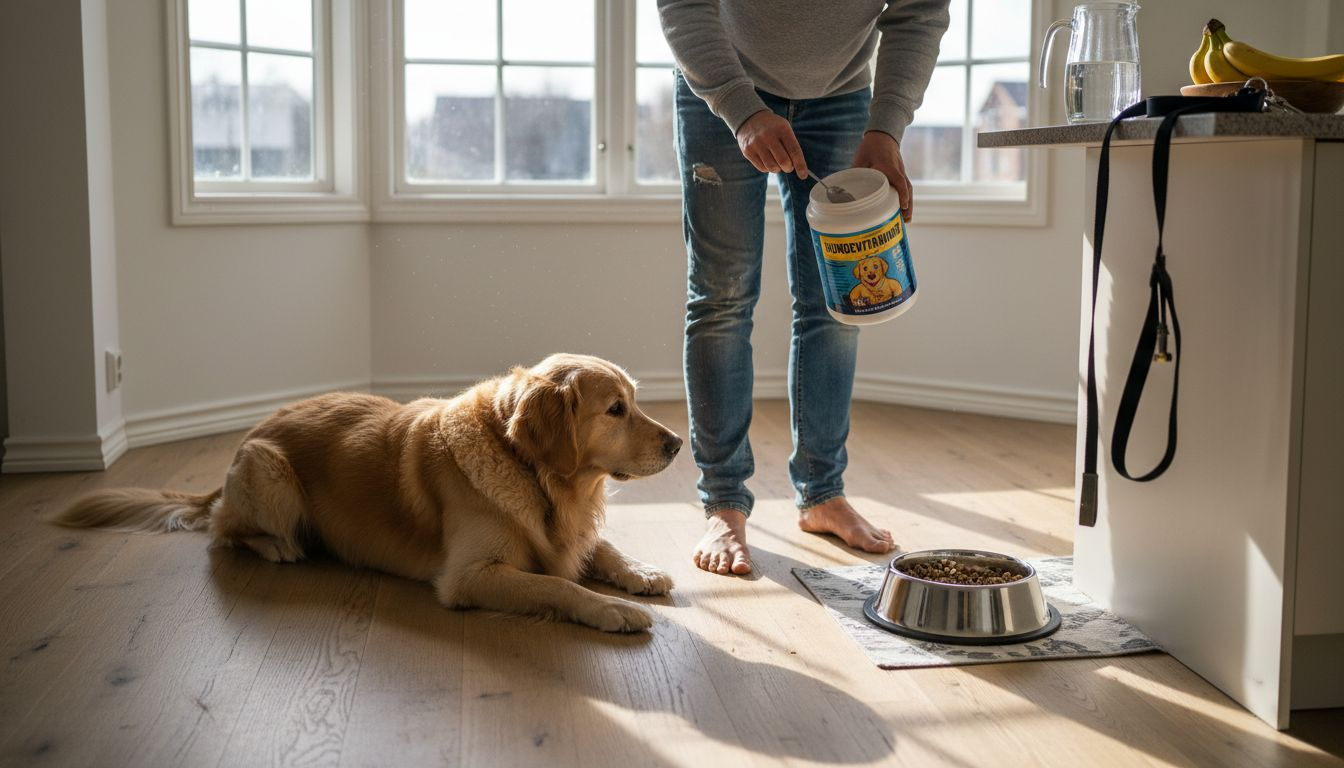 Hunden følger nysgerrigt med, mens ejeren blander kosttilskud i maden.