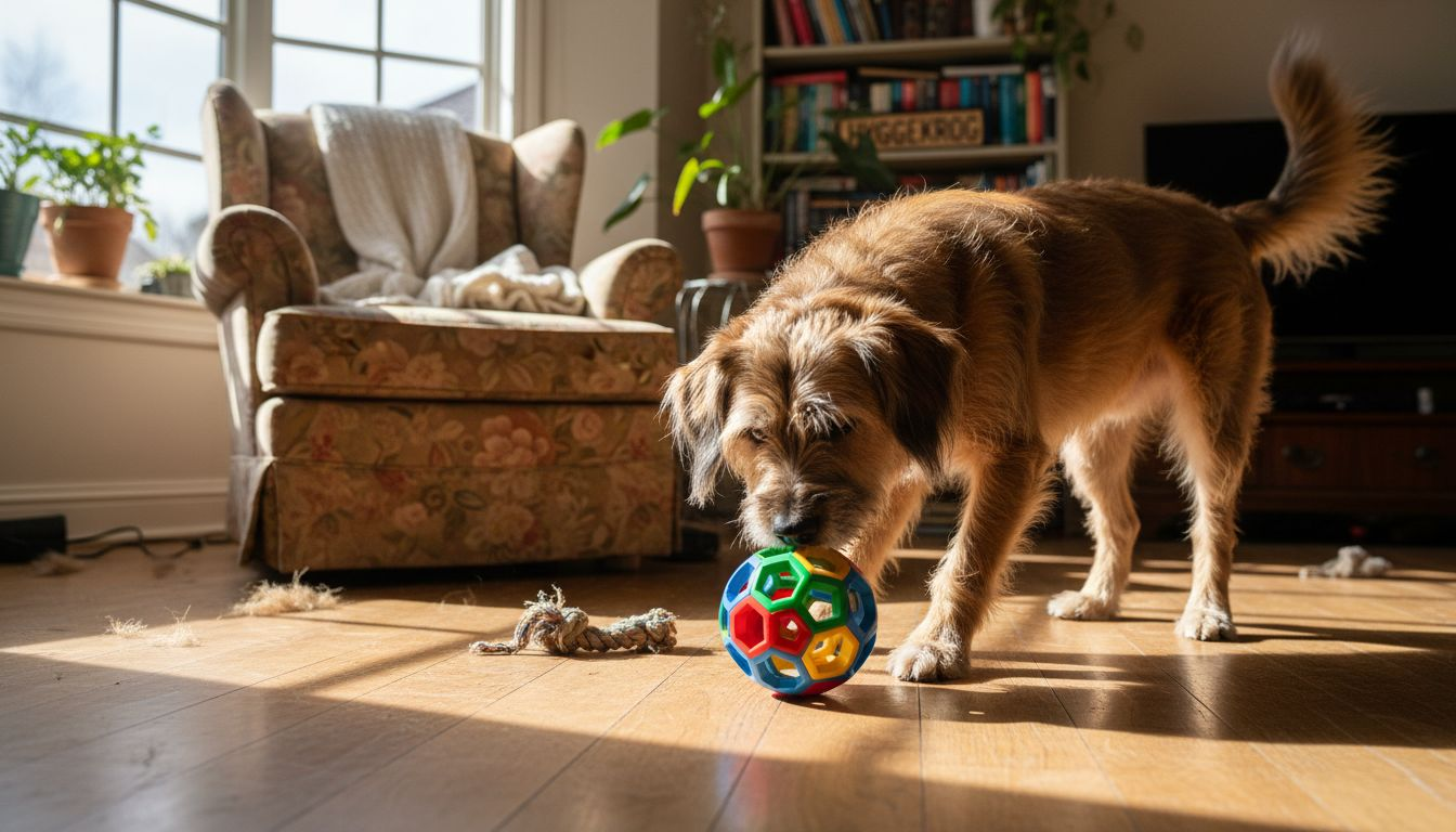 Hund hygger sig med en aktiverende bold med godbidder indendørs