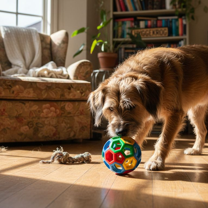 Hund hygger sig med en aktiverende bold med godbidder indendørs