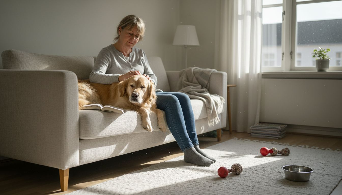 En kvinde sidder derhjemme i sofaen og hygger med sin hund.