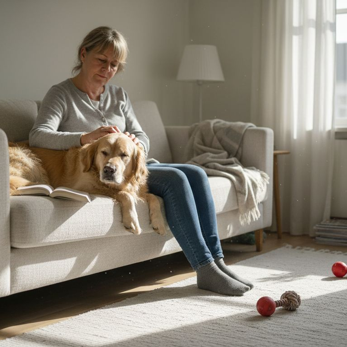 En kvinde sidder derhjemme i sofaen og hygger med sin hund.