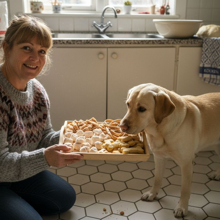 En kvinde står i sit lyse køkken og forkæler hunden med forskellige lækre godbidder.