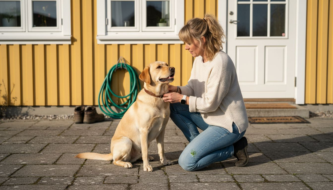 En hundeejer justerer hundens halsbånd ude i det fri.