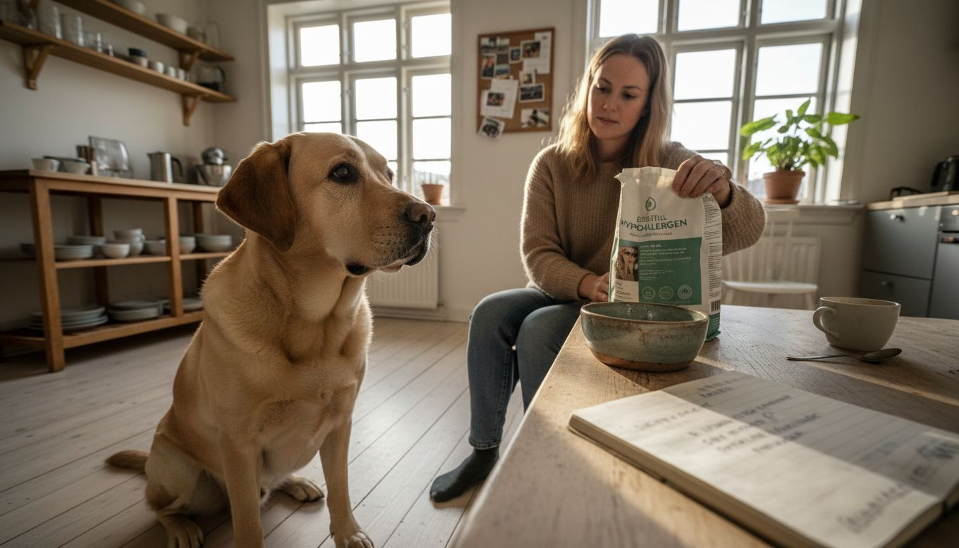 En hund og dens ejer hygger sig i køkkenet, mens de sammen kigger på en pose allergivenligt hundefoder.