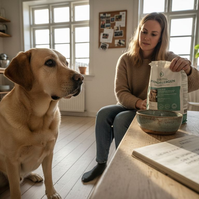 En hund og dens ejer hygger sig i køkkenet, mens de sammen kigger på en pose allergivenligt hundefoder.