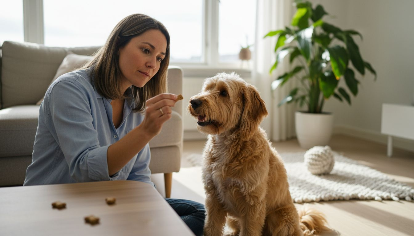 En kvinde øver tricks med sin hund i stuen og belønner den med en godbid.