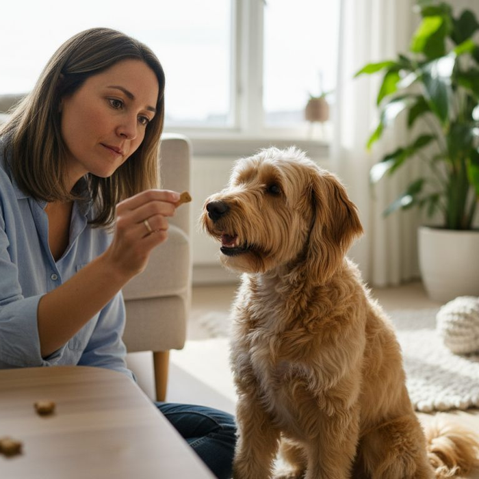 En kvinde øver tricks med sin hund i stuen og belønner den med en godbid.
