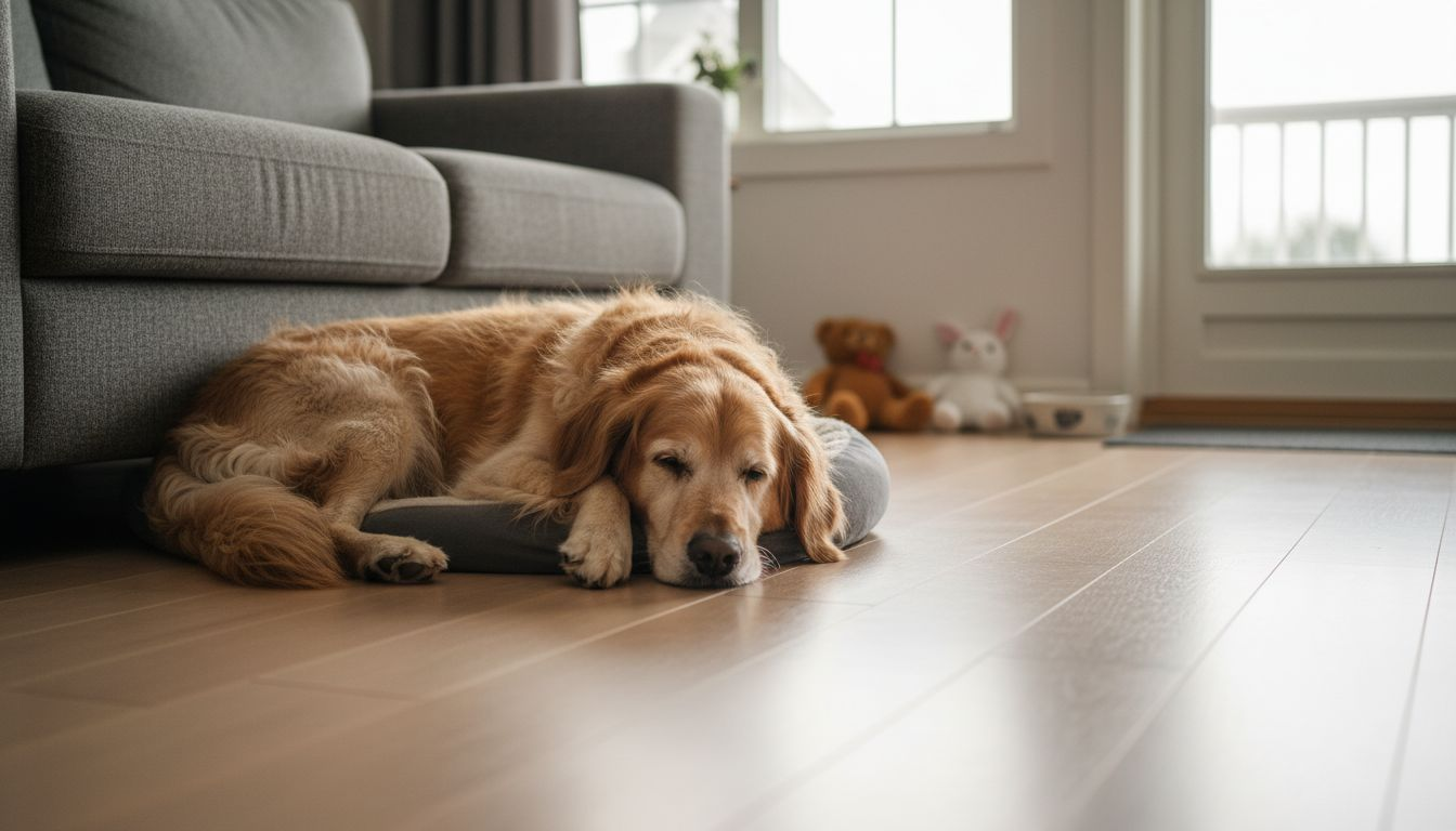 Hunden ligger og hygger sig på sin egen seng.