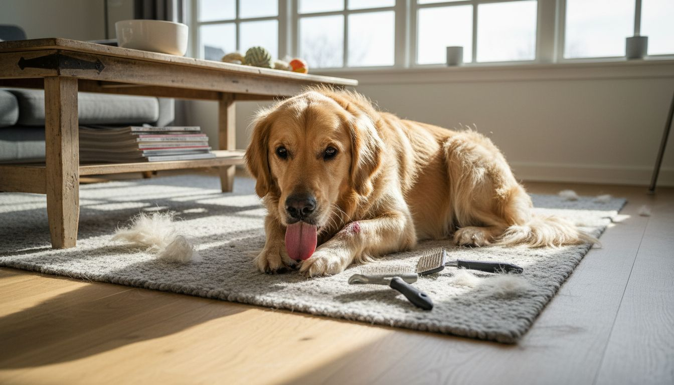En golden retriever sidder i stuen og slikker sin irriterede pote.