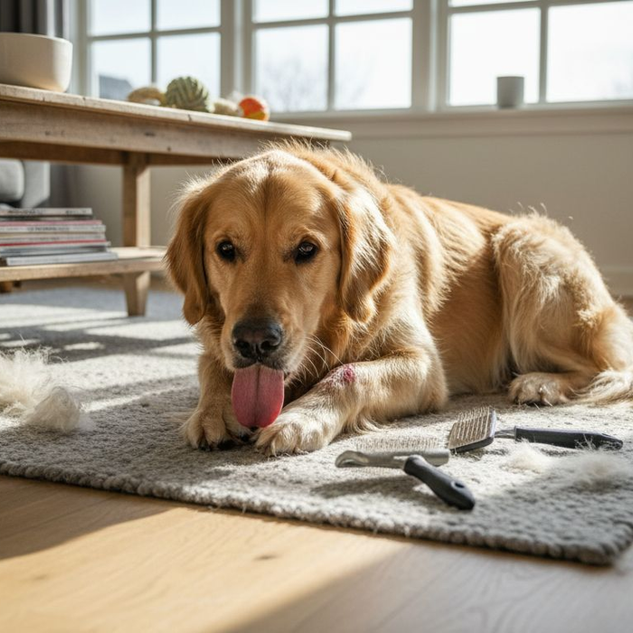 En golden retriever sidder i stuen og slikker sin irriterede pote.