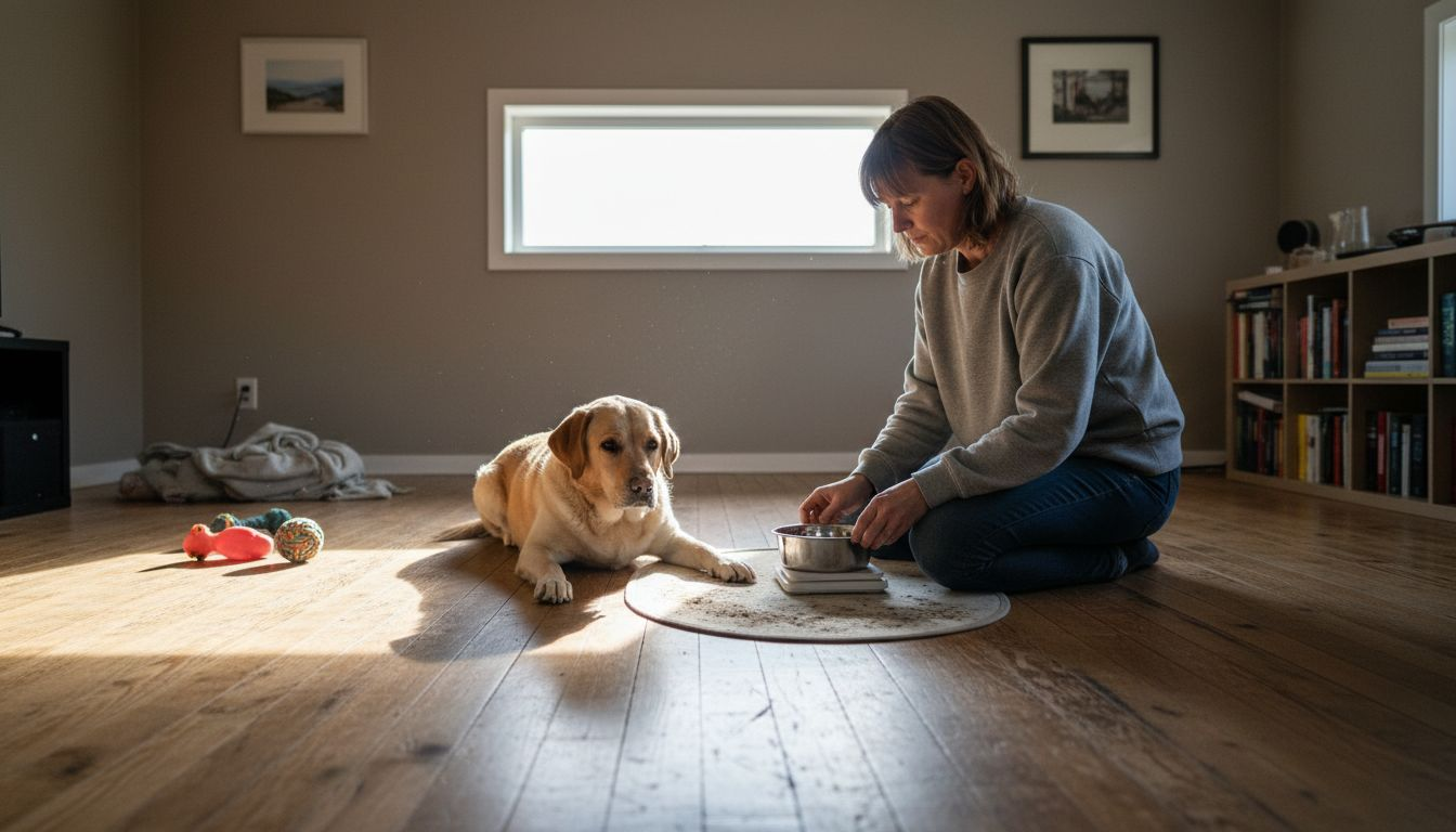 En glad labrador følger nysgerrigt med, mens ejeren laver sund og hjemmelavet hundemad.