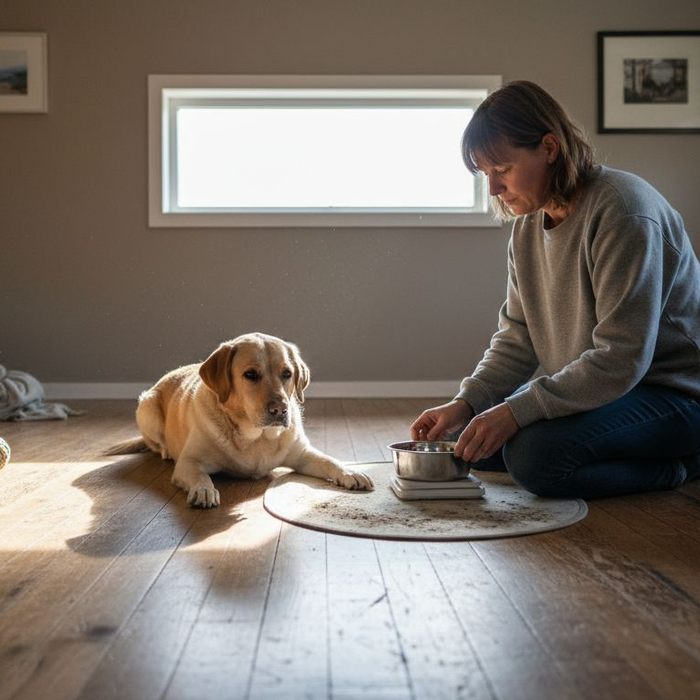 En glad labrador følger nysgerrigt med, mens ejeren laver sund og hjemmelavet hundemad.